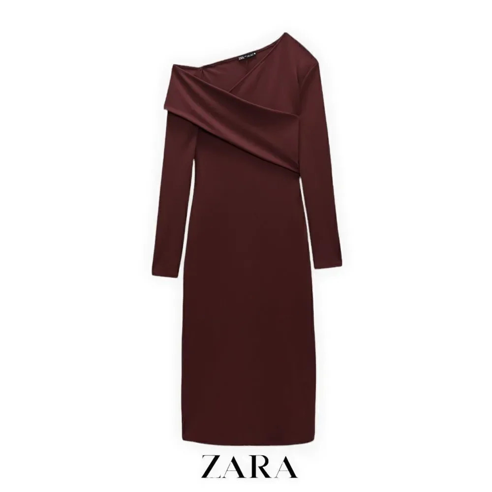 ZARA Maroon Asymmetrical Midi Dress Size M Cutout Detail - Picture 2 of 9